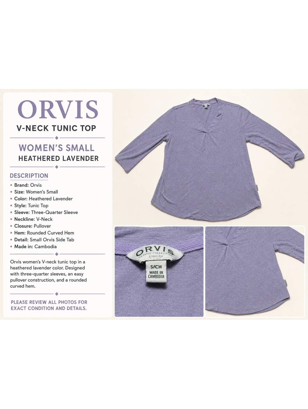 Orvis Women’s Small Heathered Lavender 3/4 Sleeve V-Neck Tunic Top